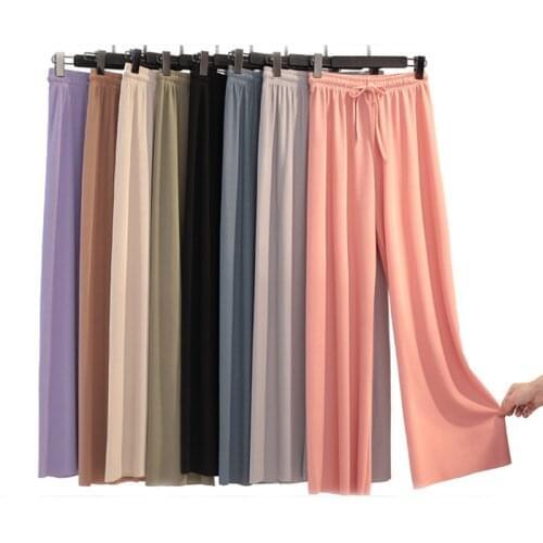 Womens Ice Silk Wide-legged Pants Summer High Waist Feeling Gift Students Nine Points Straight Skirt Thin Long Trousers Colors
