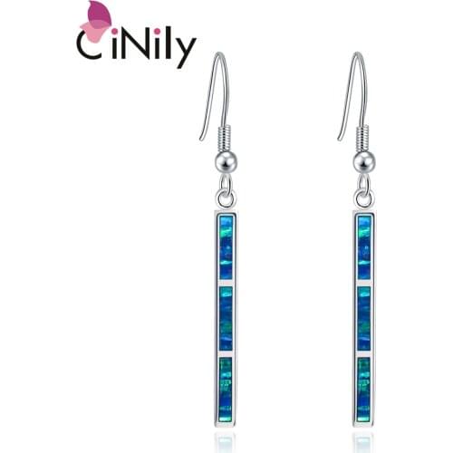 CiNily Created Blue Green Fire Opal Silver Plated Wholesale NEW Styel for Women Jewelry Dangle Earrings 1 7/8" OH4180-81
