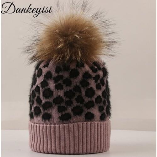 DANKEYISI Winter Warm Women Knitted Hats Natural Raccoon Fur Pompon Hat Lady Thick Leopard Hat For Women Cap Beanie Female