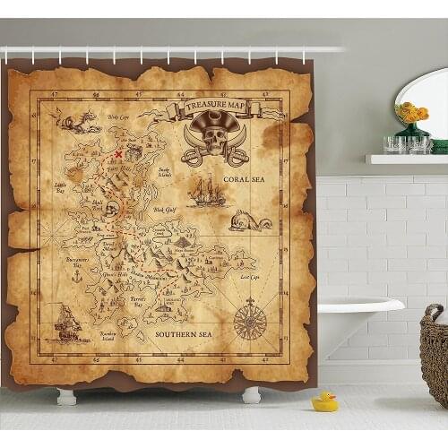 Island Map Decor Shower Curtain Set Super Detailed Treasure Map Grungy Rustic Pirates Gold Secret Sea History Theme, Bathroom
