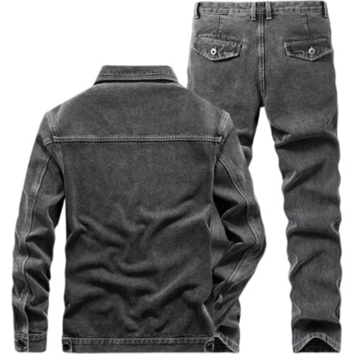 Spring Denim Jacket Jeans Two Piece Set Men Safari Style Washed Vintage Motorcycle Tops Pants Matching Sets Fashion Streetwear