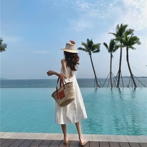 Cotton Dress Vestidos Largos Verano White Women Robe Blanche Sexy Halter Sundress Slip Vestido Playero Vintage A146