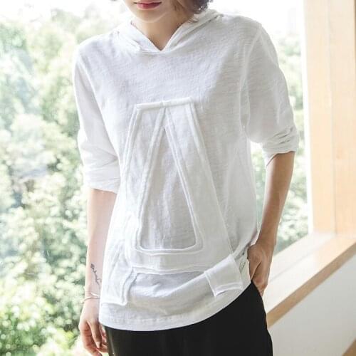 Cotton 100% White WomenT-Shirts Summer Vintage Hooded Loose Straight Letter Solid Casual All Match Female Pulls Tops Tees