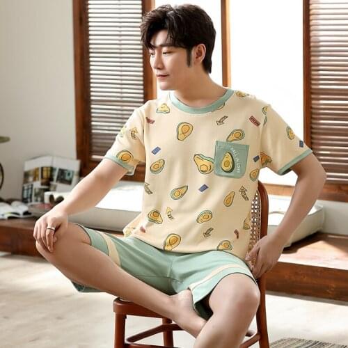 Summer Pajamas Set For Men Casual Short Sleeve Shorts Home Wear Oversized 3XL Simple Multi Styles Light Green Avocado Sleepwear