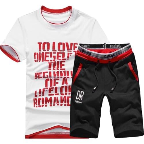 Men Short Sleeve Set Summer 2 Pieces Sets Casual Sportswear Print T-Shirt+Shorts Cotton Joggers Tracksuit Slim Male Sport Suit