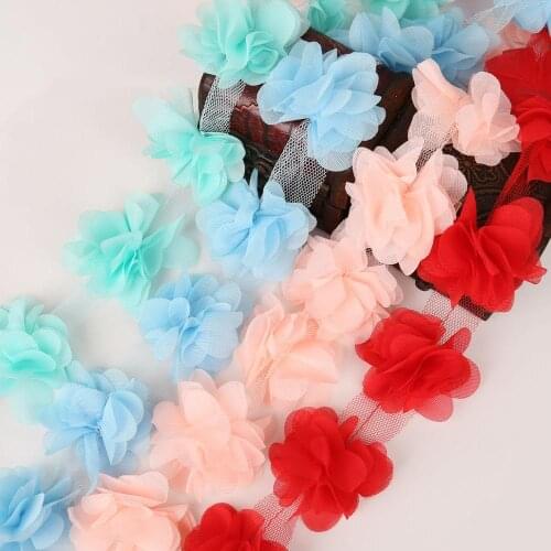 2yards 24pcs Flowers 3D Chiffon Cluster Flowers Lace Dress Decoration Lace Fabric Ribbon Applique Trimming Sewing Supplies