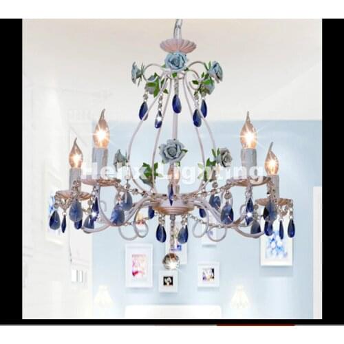 Modern White Blue Rose Style Chandelier Light Luxury Decorative Pendant Lamp Indoor Iron Crystal Chandelier Dining Room Lighting