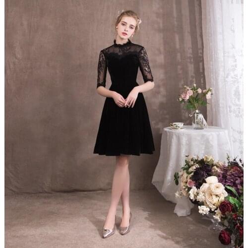Little Black Knee Length Short Homecoming Dresses High Collar Lace Half Sleeves Graduation Party Prom Gowns Vestidos