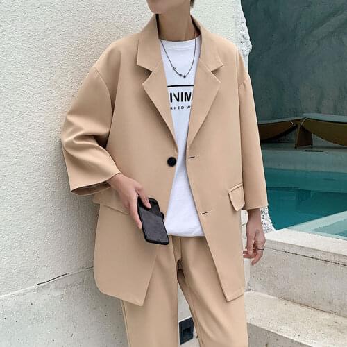 2021 Fashion Mens Suit Three-quarter Sleeves Jacket Ankle-length Pant Black Khaki Baggy Casual Streetwear Summer Clothing Sets