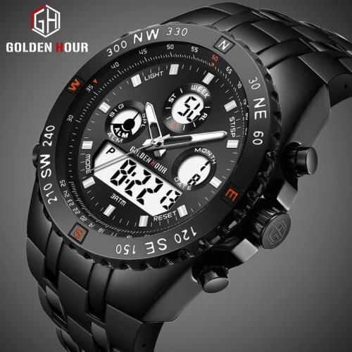 GOLDENHOUR Men Analog Digital Leather Watches Mens Army Military Sports Watch Luxury Black Quartz Wrist Watch Relogio Masculino