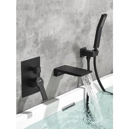 SHAMANDA Waterfall Wall Mounted Bathtub Faucet with Hand Shower,Modern Brass Tub Shower Faucet Set Black/Brushed Nickel/Gold