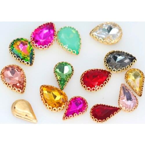 New All-size Teardrop Flatback sewing crystal glass stone sew on rhinestones jewels gold base lacy claw Diy clothing accessories