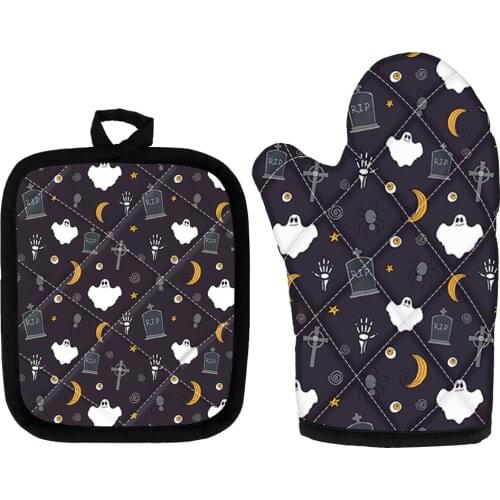 Halloween Cute Ghost Design Oven Mitts & Potholders for Kitchen Baking Accessories Insulation Pad Oven Gloves Heat Resistant Set