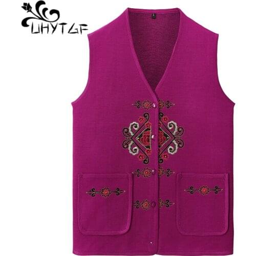 UHYTGF Middle-Aged Elderly Spring Autumn Sweater Vests For Women Fashion Single-Breasted Thin Knit Cardigan Female Waistcoat1947