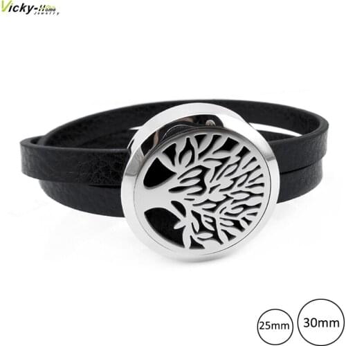 Tree of Life with Genuine Leather Aromatherapy / Essential Oils Diffuser Locket Leather Bracelet Jewelry