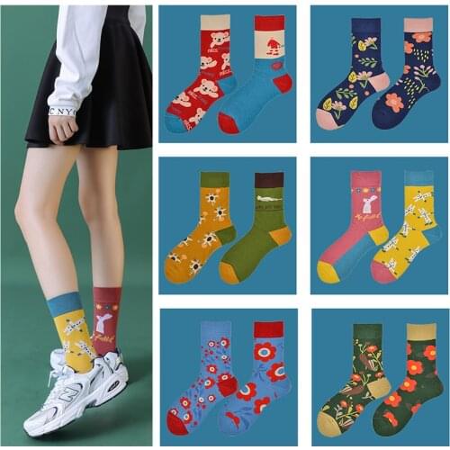 Funny Women Sock AB Asymmetry Combed Cotton Happy Crew Socks Streetwear Flower Color Harajuku Printed Socks