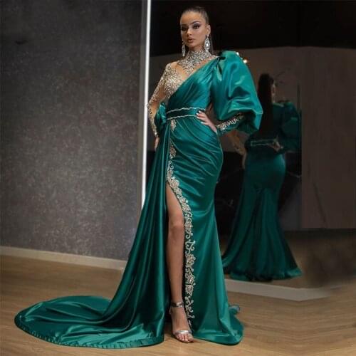 Green prom dresses 2021 beading crystal high neck beaded satin long evening dresses gowns