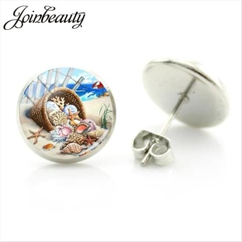 JOINBEAUTY Seaside Scenery Conch Starfish Picture Stud Earrings Round Glass Cabochon Dome Women Jewelry Travel Accessories SS01