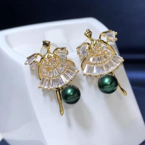 D413 Pearl Earrings Fine Jewelry Natural 5-6mm Round Ocean Sea Water Peacock Green Pearls Stud Earrings for Women