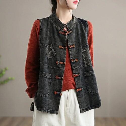 Johnature Women Denim Vest Stand Sleeveless Button Pocket Loose Solid Color Coats 2021 Autumn New Vintage Comfortable Clothing
