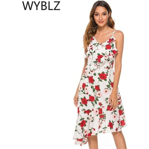WYBLZ 2021 Summer Fashion Sexy V Neck Sling Dress Spaghetti Straps Womens Backless Casual Print Lady Irregular Ruffle Sundress