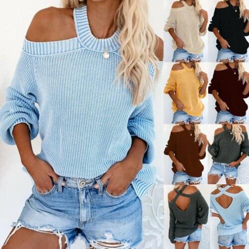 Womens Cold Shoulder Knitted Sweater Jumper Casual Loose Baggy Pullover Tops UK
