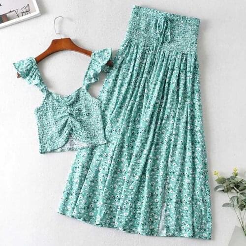 Boho Inspired 2 piece set dress for women ruffle straps long boho dress slit side summer dress elastic wiast cotton cute dress
