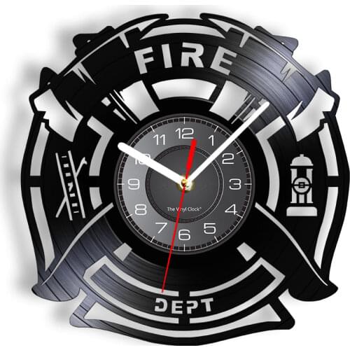Fire & Rescue Fire Dept Sign Decoration Wall Clock Firefighter Vinyl Record Wall Clock Man Cave Firemen Decorative Clock Watch