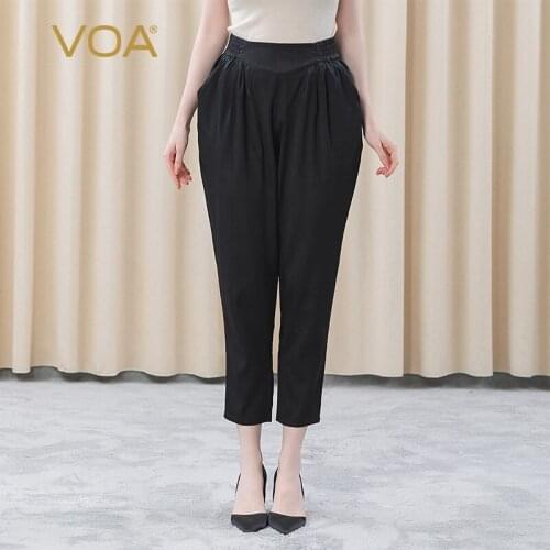 VOA Mulberry Silk Satin 19M/m Black Elastic Elastic Waist Oblique Pocket Thin Section Light Board Nine-point Harem Pants K405