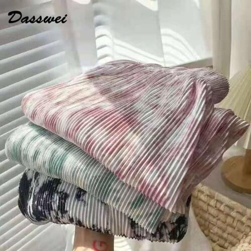 DASSWEI 2021 Summer Tie Dye Pleated Wide Leg Pants For Women Casual Elastic High Waist Long Loose Trousers Straight Pants Femme