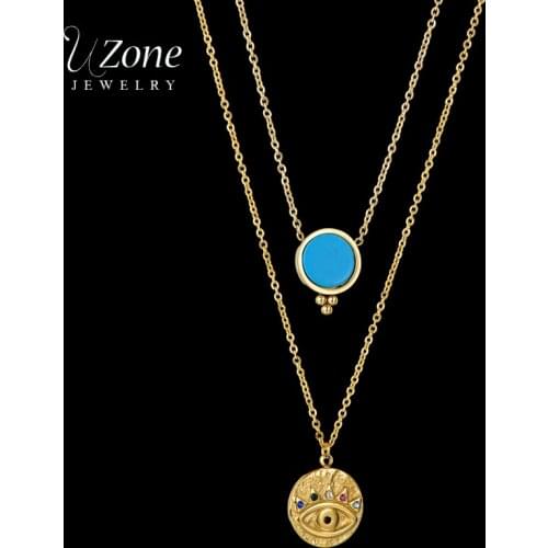 UZone Gold Stainless Steel Devils Eye Pendant Necklace 3 Color Natural Malachite Stone Double-layer Chain Necklaces Jewelry
