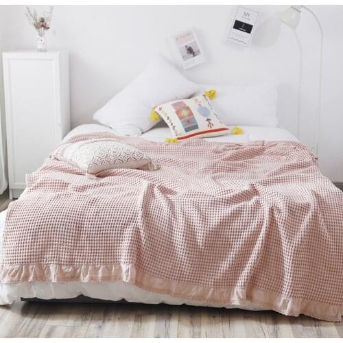 Waffle Muslin Cotton Summer Bedspreads Breathable Lace Gray Pink Blankets for Beds Soft Warm Plaid On the Bed Sofa Throw Blanket