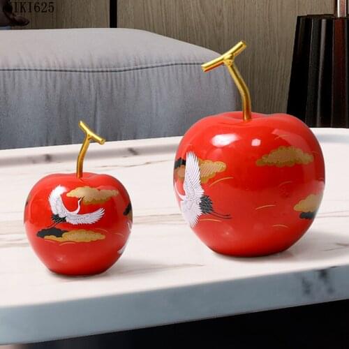 Classical Ceramic Red Apple Small Sculpture Crafts Luxury Crane Pattern Deco Living Room Office Fruit Ornaments Home Decoration