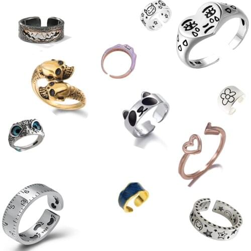 Panda Ring For Women Girls Smiley Owl Fashion Skull Men Jewelry Vintage Silver Color Punk Hip-hop Adjustable Rings Smiling