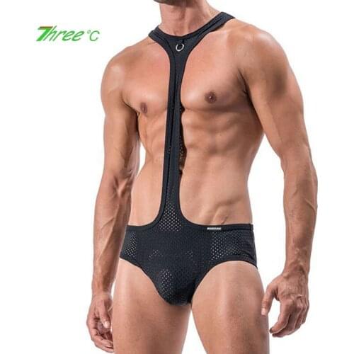 Mens Sexy One-piece Suit Mesh Breathable Hollow Jumpsuit Man Hanging Neck Sexy Mankini Erotic Unnderwear Gay Briefs Sex Costume