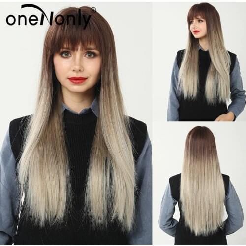 OneNonly Long Straight Synthetic Wigs Ombre Brown to Gray Wig with Bangs for White Black Women Cosplay Daily Hair Heat Resistant