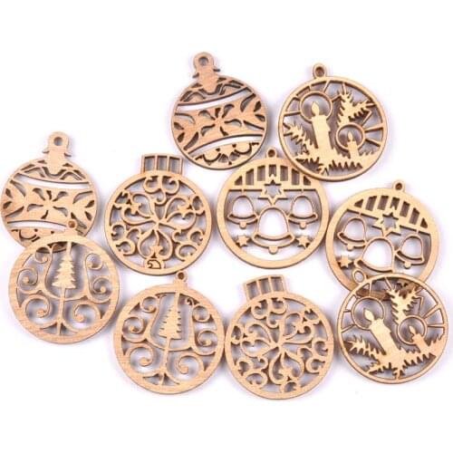 10Pcs Mixed Carved Christmas Ball Cutouts Wood DIY Crafts Unfinished Wooden Embellishments Home Decoration Scrapbooking M1855