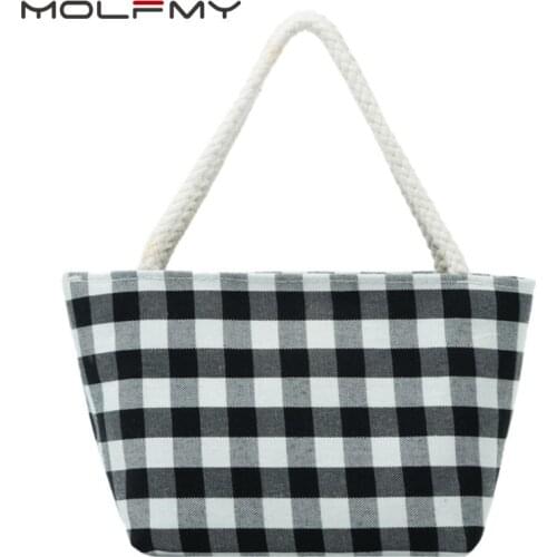 Christmas 2021 New Ladies Canvas Handbag 4 Color Fashion Black And White Check Printing Female Lovely Beach Tote Bags Dropship