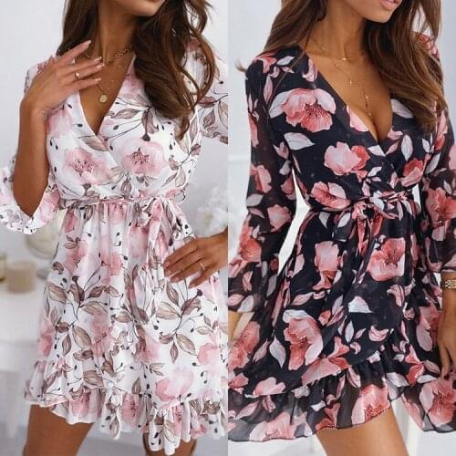 Sexy V-neck Mid-sleeve Dress 2021 Summer New Fashion Print Ruffled Floral Dress
