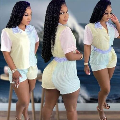 Hirigin Tracksuits Women 2 Piece Outfits Striped Short Sleeve Shirts Blouses Biker Shorts Sweatpants Casual Home Street Wear