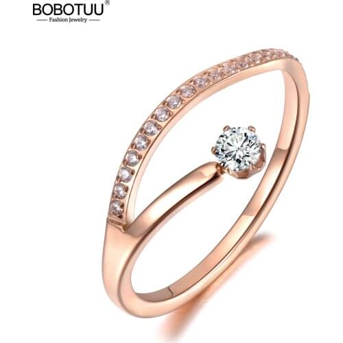 BOBOTUU Original Design Mosaic Cubic Zirconia Wedding Rings Jewelry Rose Gold Titanium Steel Engagement Luxury Ring BR19058