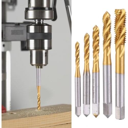 Screw Tap Drill Bit 5 pcs Flute Tap Titanium Plated HSS Spiral Tapping Flute Screw Tap Bits M3-M8 Kit