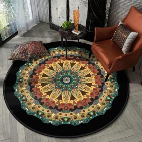 Bohemia Carpets for Living Room Non-slip Round Rug Area Rug for Bedroom Floor Mat Vintage Black Mandala Flower Pattern