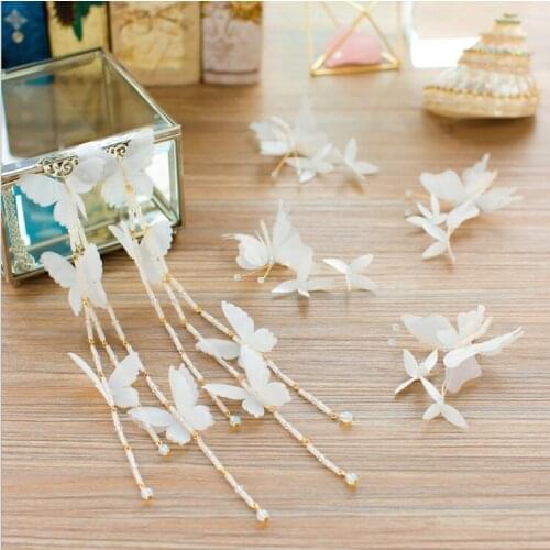 Handmade White butterfly hairclip Wedding Headpieces Hair Vine Bridal Headband Hair accessories Women Hair Jewelry Earrings Sets