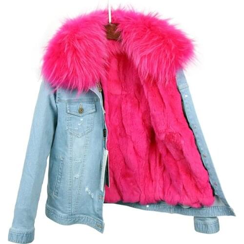 Winter Jacket Women Brand 2020 Real Fur Coat Parka Real Raccoon Collar Rex Rabbit Liner Striped Bomber Denim Jacket Streetwear