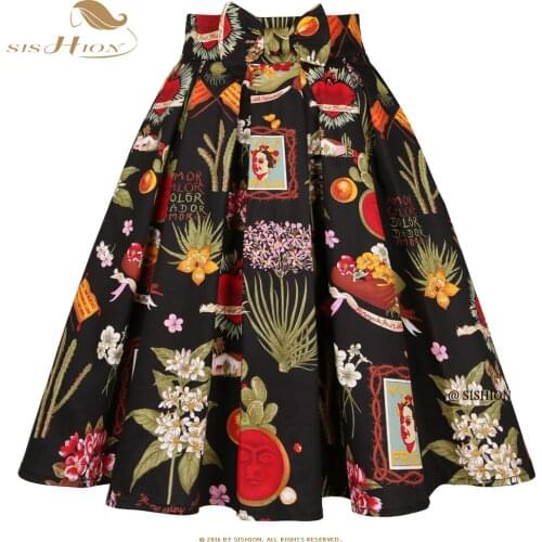 SISHION Black Floral Printed Retro Vintage Skirt SS0012 XS-XXL Plus Size Women Clothing Y2K Faldas Retro Summer Pleated Skirt