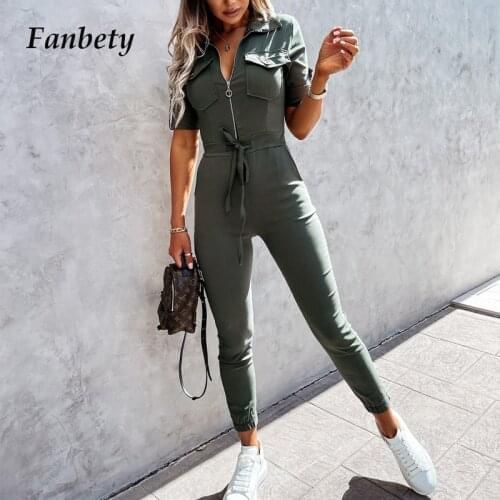 2021 Summer Short Sleeve Overalls Playsuit Women Fashion Tie-up Waist Office Lady Jumpsuit Casual Zip Pocket Cargo Pants Romper