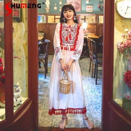 2021 Summer New Ethnic Style White Cotton Linen Embroidery Tassel Thailand Seaside Vacation Travel Long Dress Womens Clothing