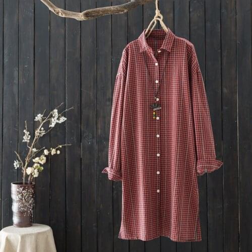 Female Coat Autumn Thin Loose Vintage Plaid Shirt Coats Cotton-ramie Outerwear Casual Womens Shirts Jackets Medium Long