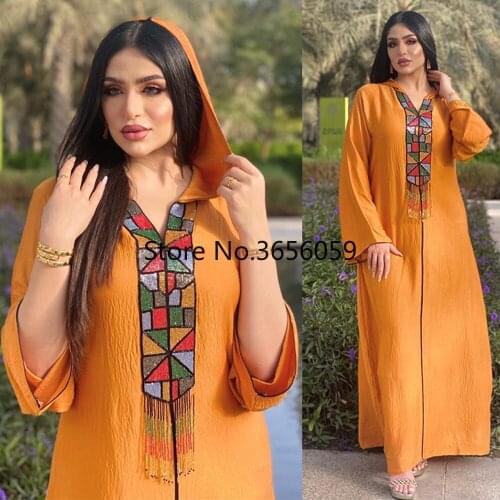 Hooded Abaya Dress Loose for Women Beaded Tassel Gown Muslim Fashion Moroccan Djellaba Caftan Dubai Ethnic Arab Party Evening